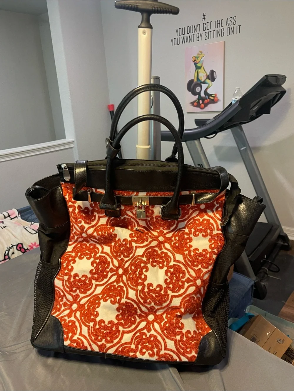 Black Leather Trim Laptop Tote with Orange Patterned Front